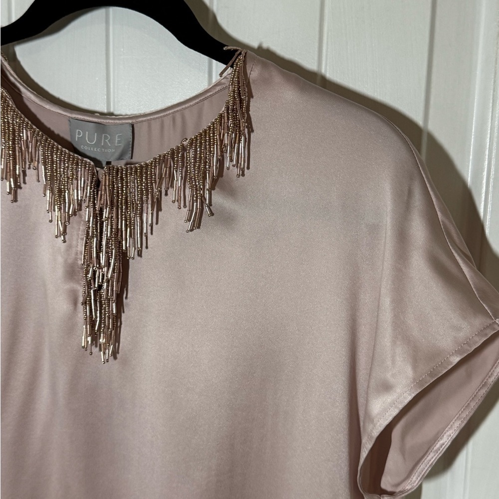 Pure Collection 100% Silk Top with Beaded Fringe in Light Pink - Picture 4 of 12
